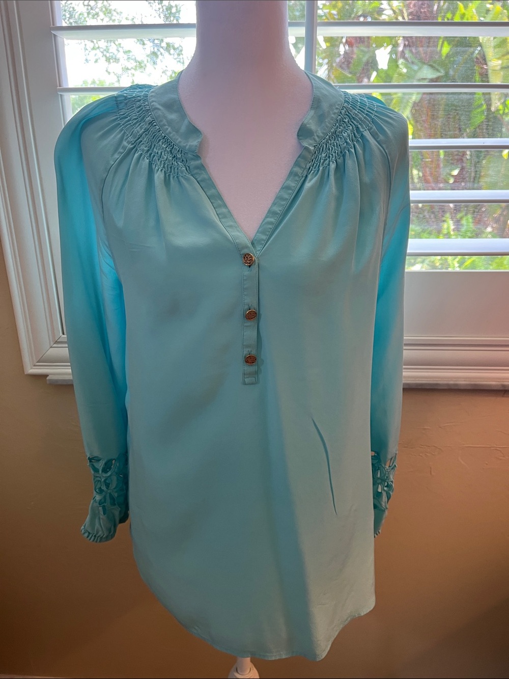 Lilly Pulitzer Aqua Smocked Yoke V-Neck Tunic